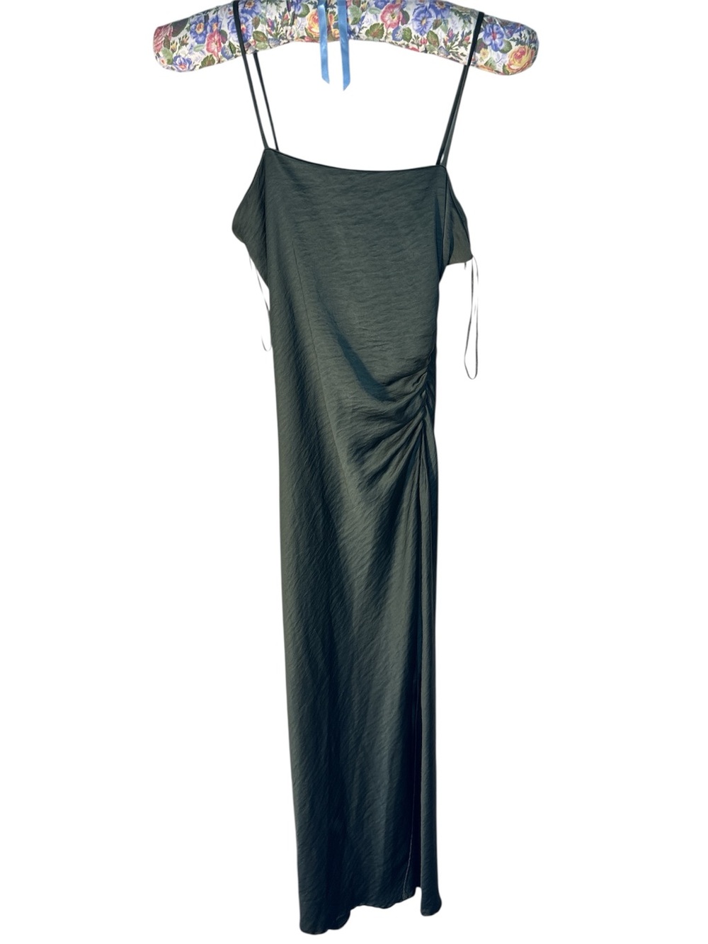 Zara satiny Slip Dress lingerie style size S green ruched detail